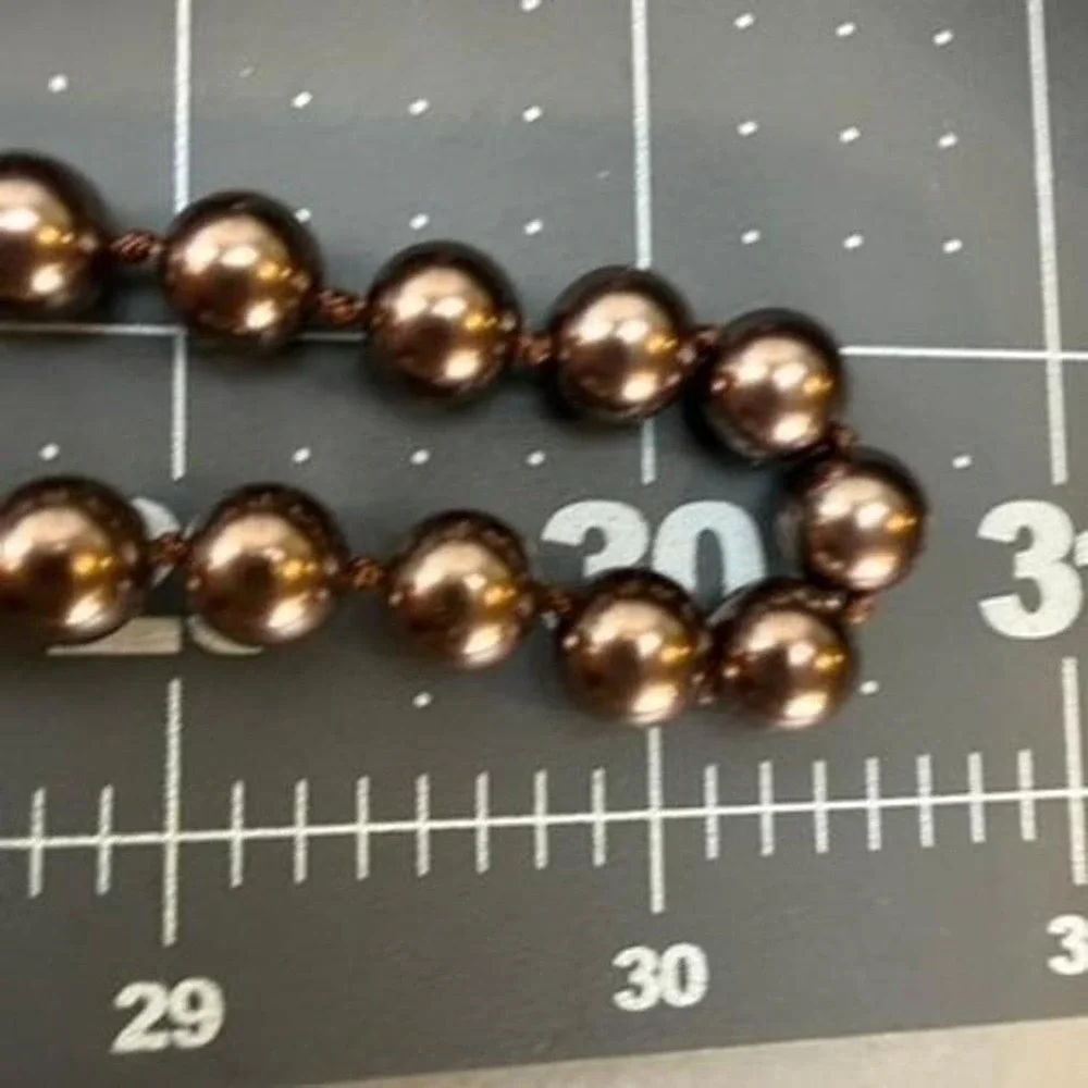 RMN Chocolate Brown Faux Pearl Necklace Glass Bead Knotted Filigree Clasp Vtg
